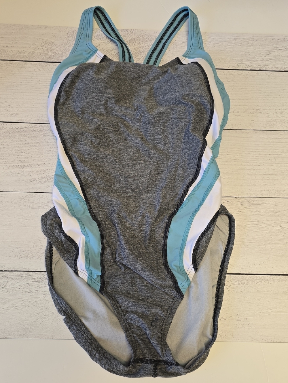 Speedo Gray One-Piece Swimsuit with White and Light Blue Accents